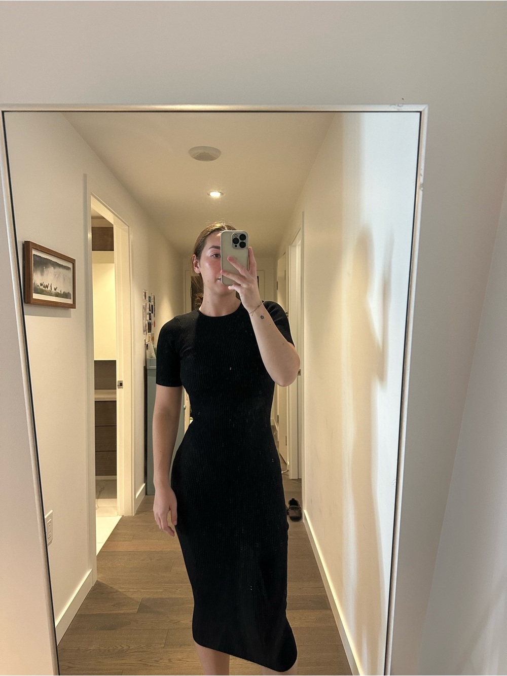 Black Short-Sleeve Ribbed Midi Dress